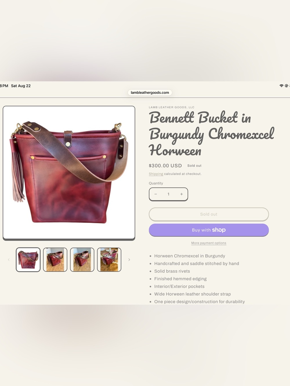 Lamb Leather Goods Burgundy Bennett Bucket Chromexcel Horween - Picture 9 of 9